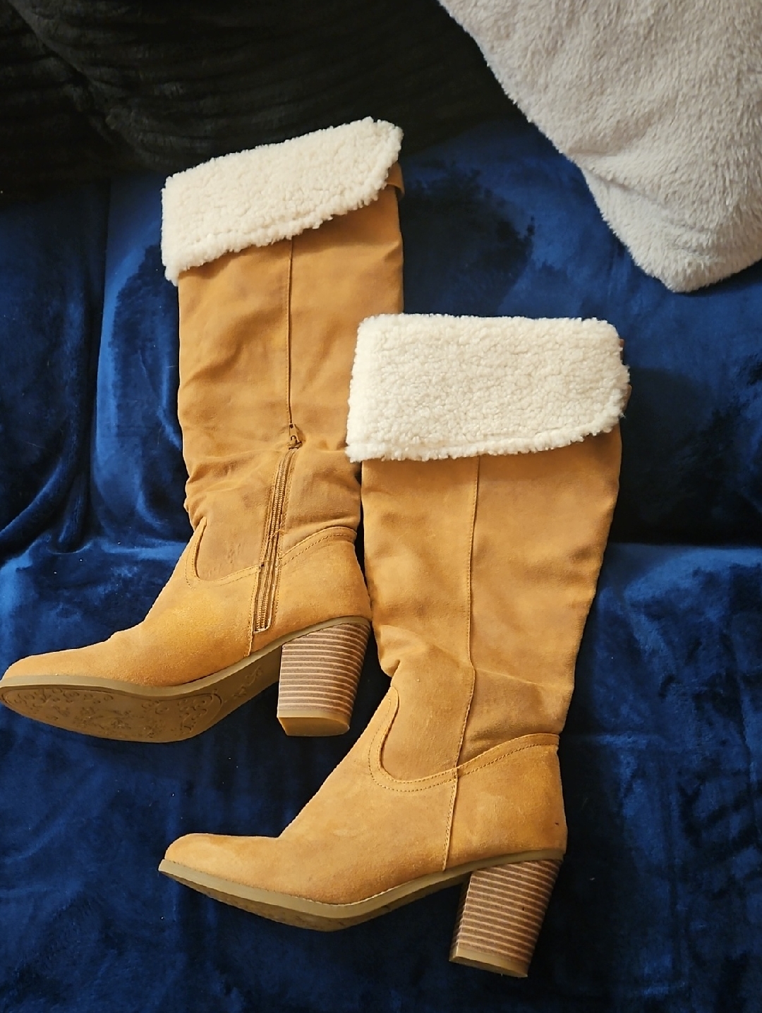 Women's Tan Suede Knee Boots With Faux Shearling Cuff